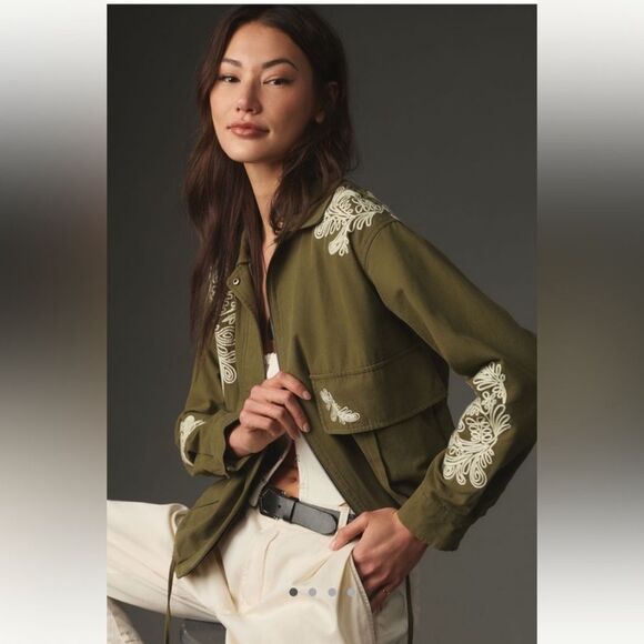 Anthropologie Dolan Embroidered Utility Jacket Olive Green Sz XS Military Boho - Picture 1 of 12